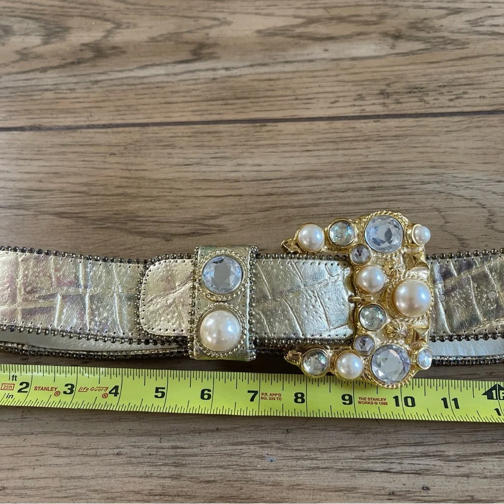 Leatherock Vintage Jeweled Gold Leather Rhinestone Belt Size S - Picture 14 of 16